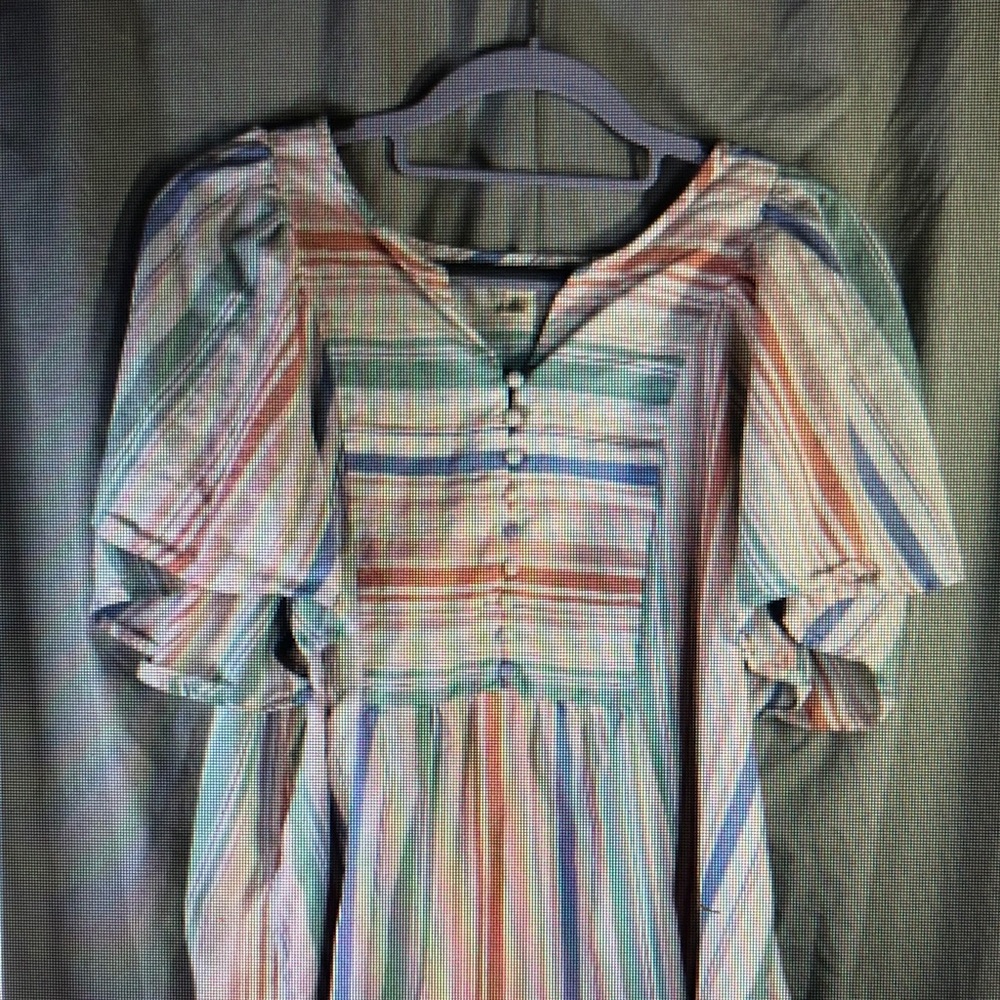 Terra & Sky Pastel Multi-Stripe Puff-Sleeve Midi Dress